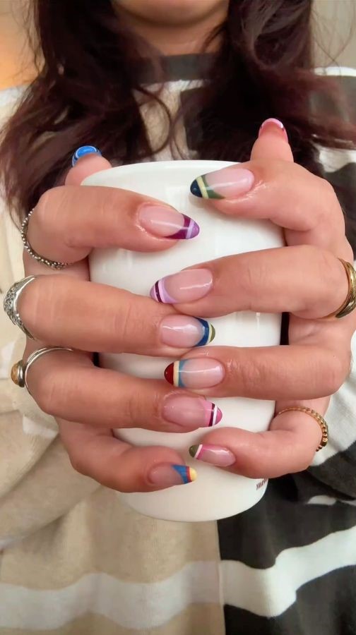 rainbow french tips striped nail ideas