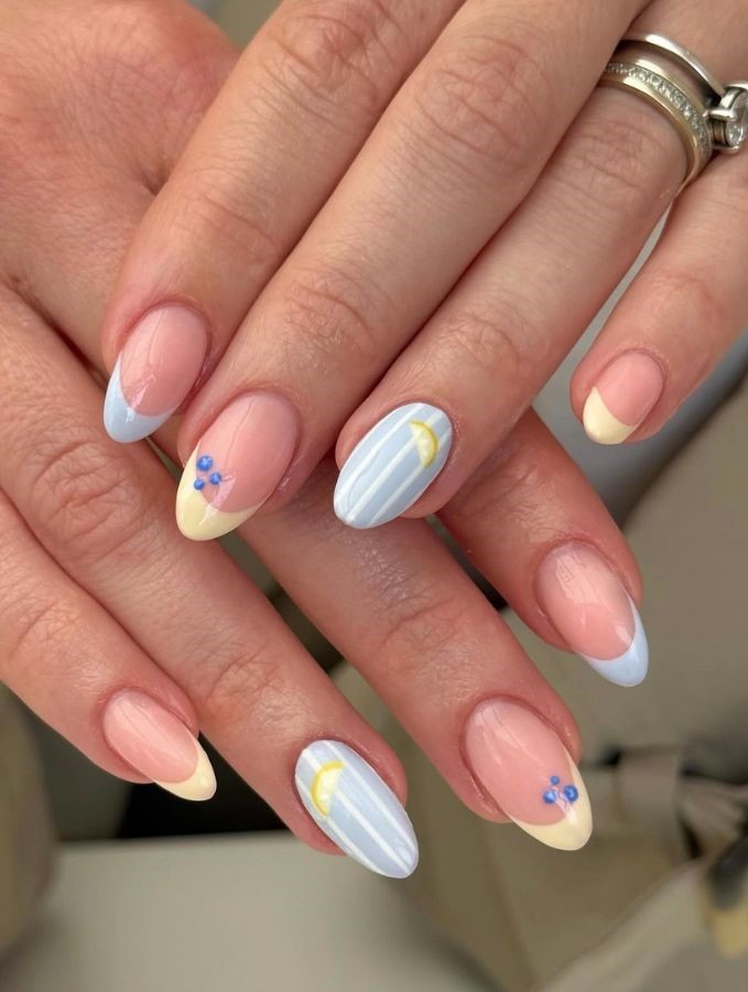 blue and yellow stripe nails