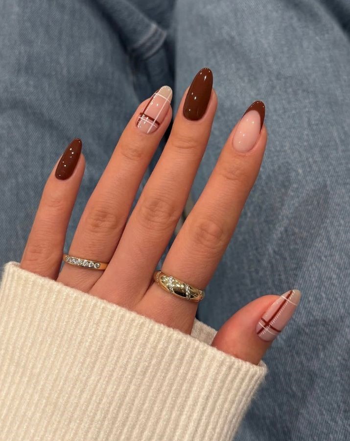 brown plaid september nails
