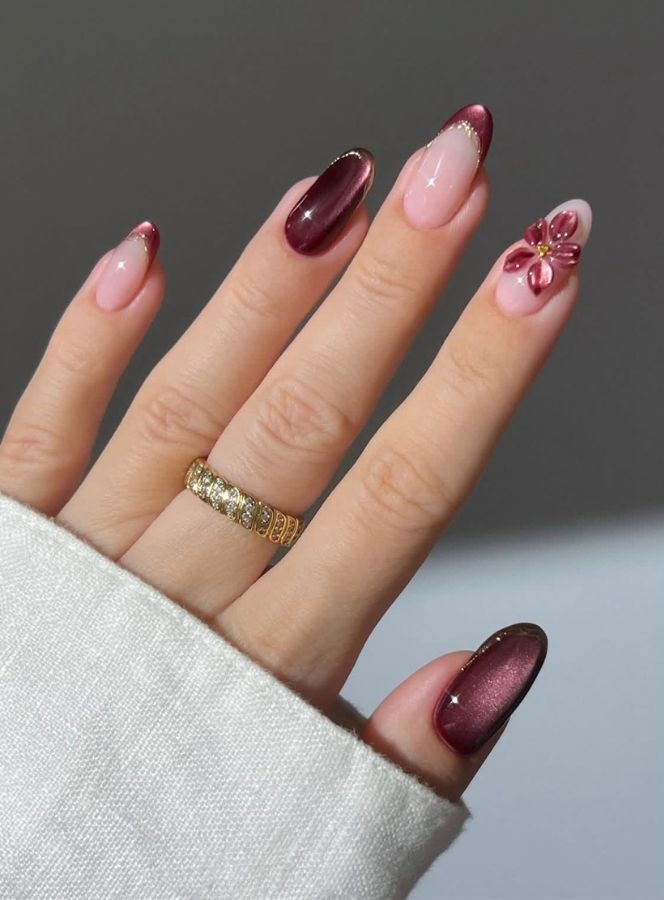 burgundy floral nails