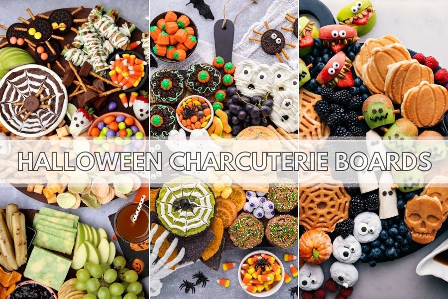 halloween charcuterie boards collage