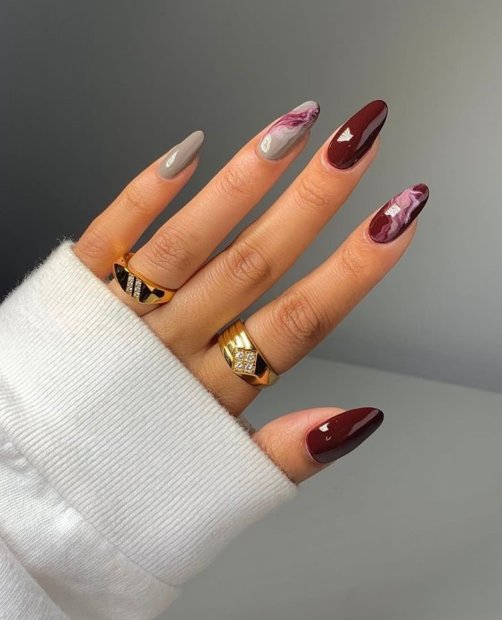 Burgundy Marble Nails